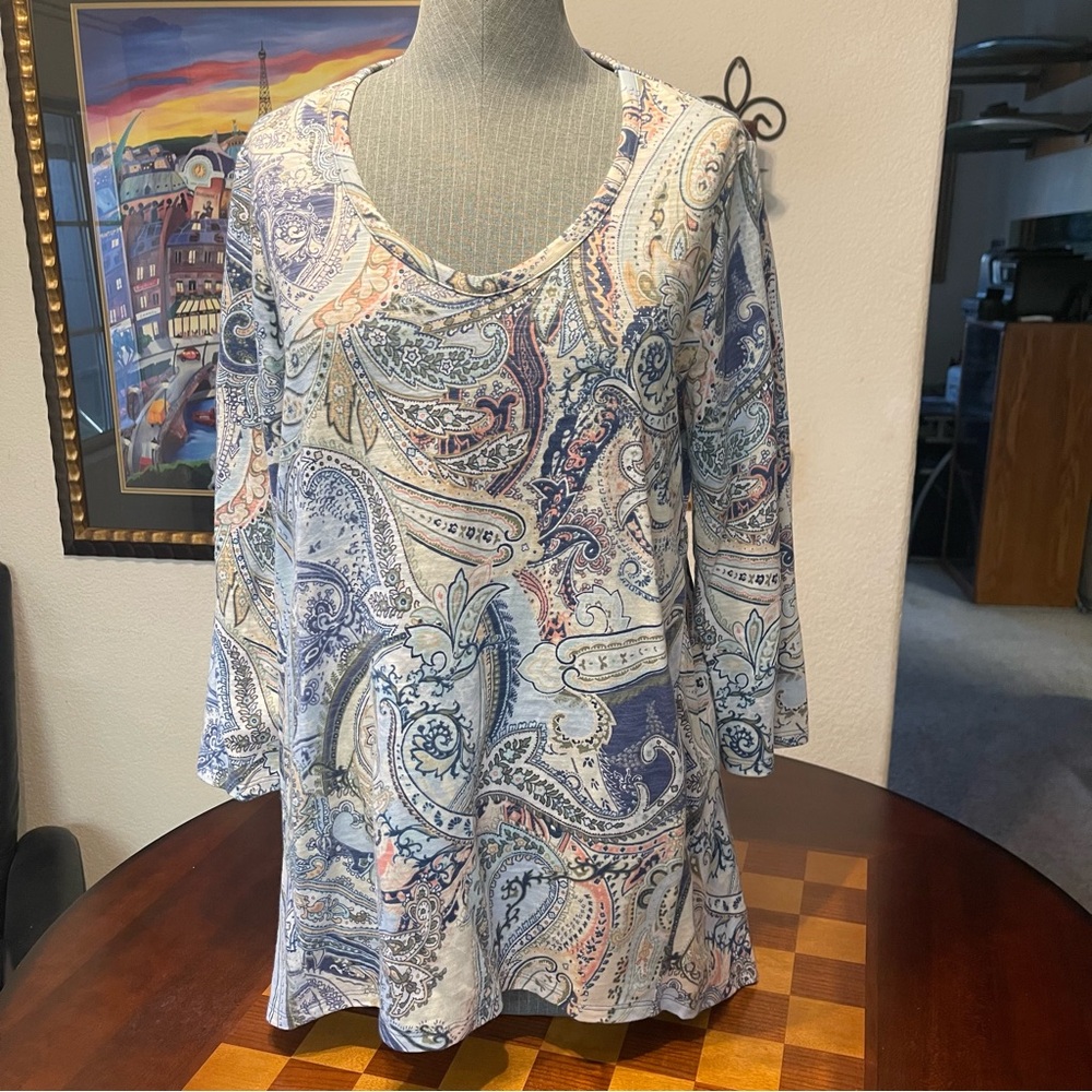 Chico's Blue and White Relaxed Graphic Tunic Top Size Chico’s 1